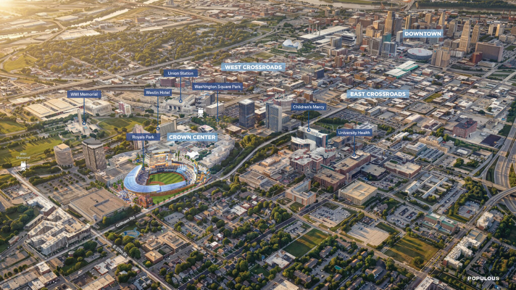 A zoomed out diagram of the Royals Crown Center stadium in relation to other downtown landmarks.