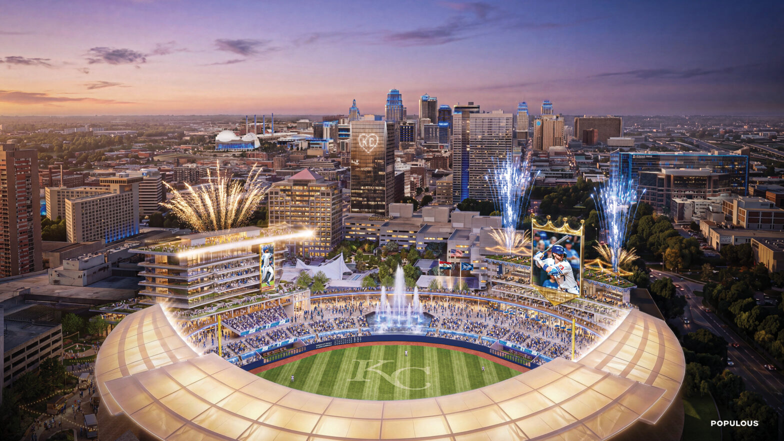 A renderings of the new Crown Center Royals stadium as seen looking north.